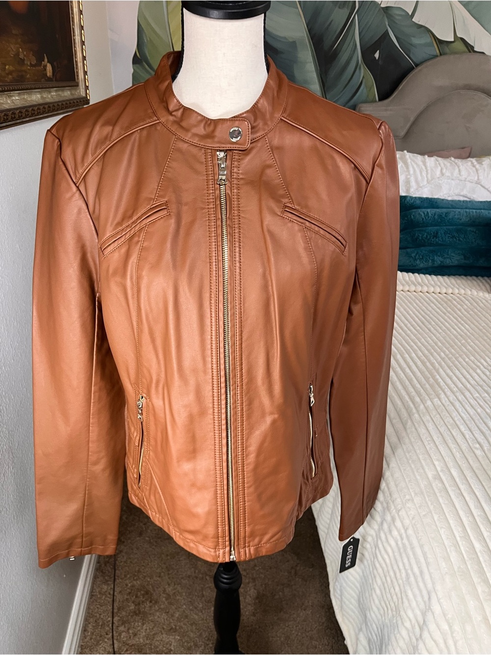 GUESS Women's Cognac Faux Leather Zip Front Moto Jacket XL